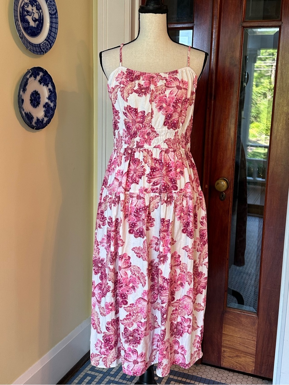 Old Navy | Pink Floral Linen-Blend Smocked Cami Midi Dress, Size L